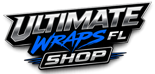 Logo of Ultimate Wraps FL Shop with a stylized design on a white background